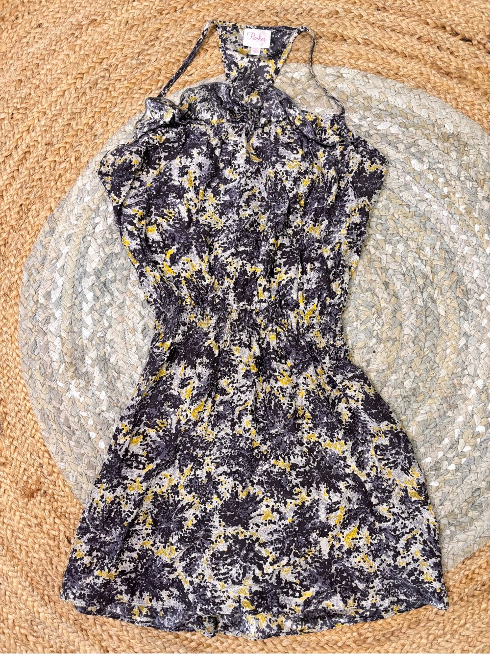 Parker Black, White & Yellow Halter Mini Dress